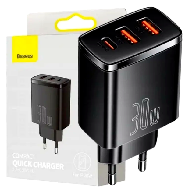 Зарядний пристрій Baseus Compact Quick Charger 30 W з двома USB і USB-C для швидкого заряджання смартфонів і планшетів - Фото 5 Зарядний пристрій Baseus Compact Quick Charger 30 W з двома USB і USB-C для швидкого заряджання смартфонів і планшетів - зображення 5