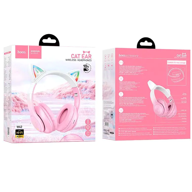 Наушники Bluetooth Hoco W42 Cat Ears розовые для детей и подростков с микрофоном и светящимися ушками - изображение 2
