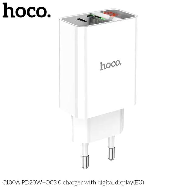 Мережевий зарядний пристрій Hoco C100A PD20W QC3.0 для смартфонів і ґаджетів із цифровим дисплеєм два порти білі - зображення 4
