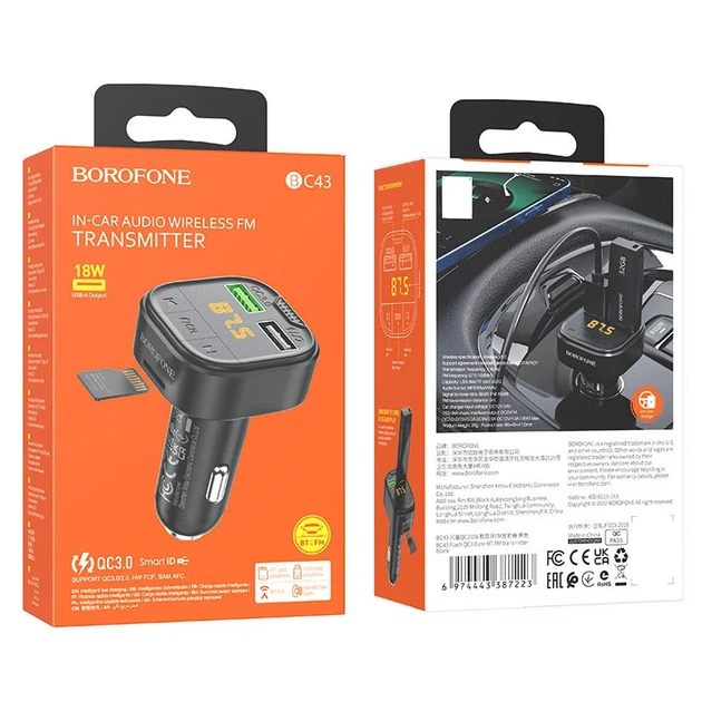 АЗУ FM модулятор Borofone BC43 Flash 18W QC3.0 2USB-A черный - изображение 6