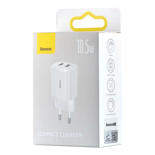 Сетевое зарядное устройство Baseus Compact Charger 2U 10.5W для смартфонов и планшетов с двумя портами USB Type-A - изображение 2