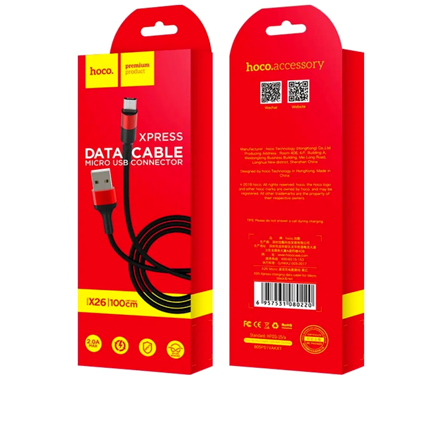 Кабель Hoco X26 Micro USB для швидкого заряджання та передавання даних завдовжки 1 м з нейлоновим обплетенням чорний і червоний - зображення 2