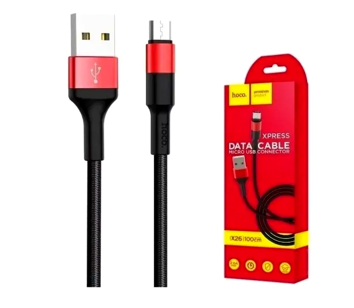 Кабель Hoco X26 Micro USB для швидкого заряджання та передавання даних завдовжки 1 м з нейлоновим обплетенням чорний і червоний - зображення 7