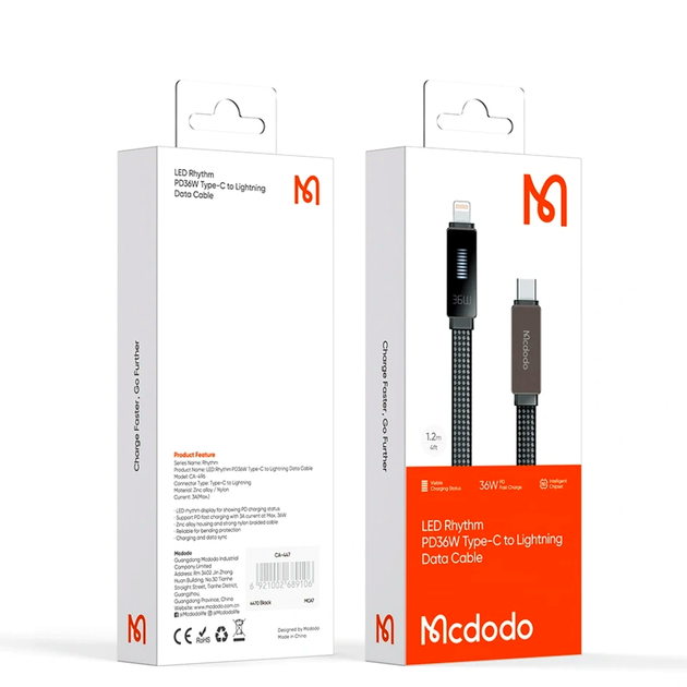 Кабель McDodo Type-C Lightning с LED дисплеем для быстрой зарядки и передачи данных 1.2м черный - изображение 2