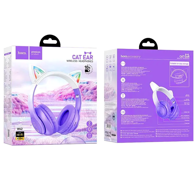 Наушники Bluetooth Hoco W42 Cat Ears для детей и подростков фиолетовые с микрофоном и светящимися ушками - изображение 2