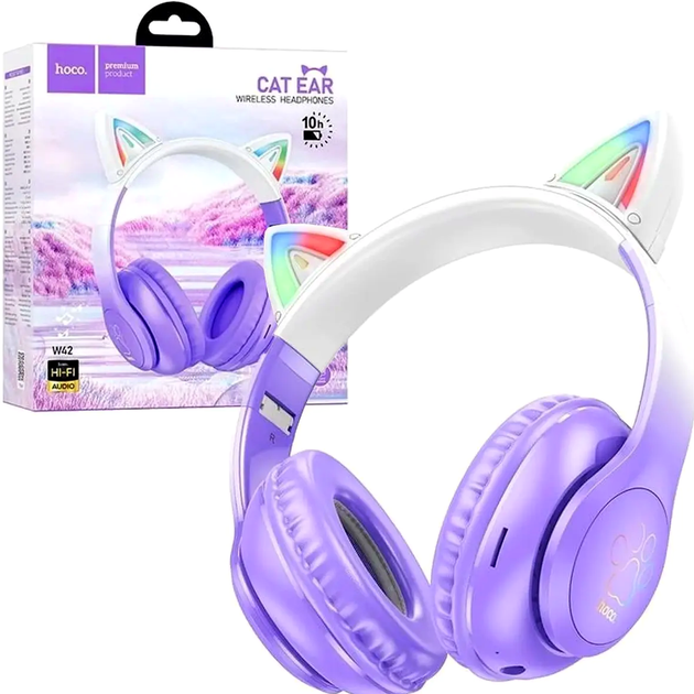 Наушники Bluetooth Hoco W42 Cat Ears для детей и подростков фиолетовые с микрофоном и светящимися ушками - изображение 6