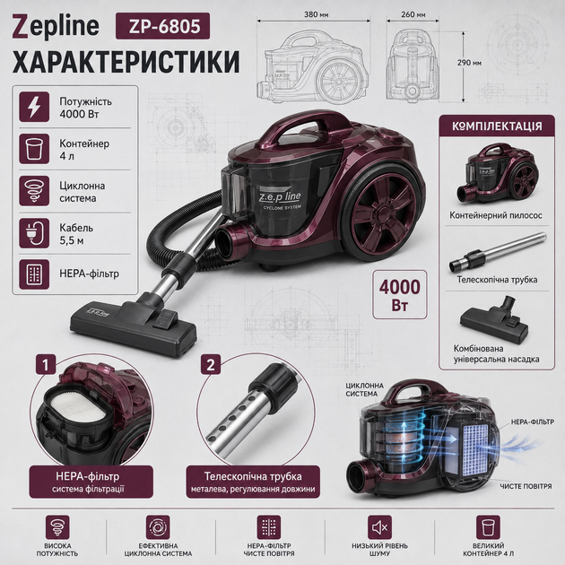 Контейнерный пылесос Zepline ZP6805 4000 Вт 4 л с циклонной системой НЕРА фильтром телескопической трубкой для дома фиолетовый - Фото 3 Контейнерный пылесос Zepline ZP6805 4000 Вт 4 л с циклонной системой НЕРА фильтром телескопической трубкой для дома фиолетовый - изображение 3