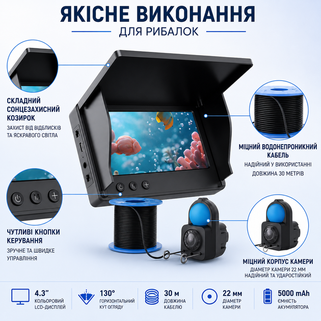 Подводная камера AOERWEI для рыбалки 4.3" HD с ночным видением, 5000 мАч, кабель 30 м-Эхолат для зимней рыбалки под лед - изображение 2