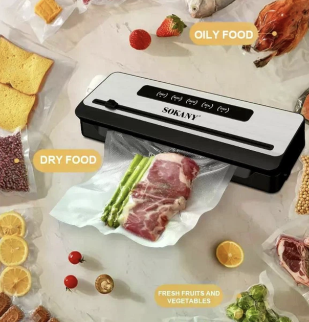 Вакууматор Sokany SK-13076 для вакуумной упаковки продуктов с сенсорным управлением, режимами для сухих и влажных продуктов, мощностью 200 Вт, силой всасывания до -70 кПа - изображение 6