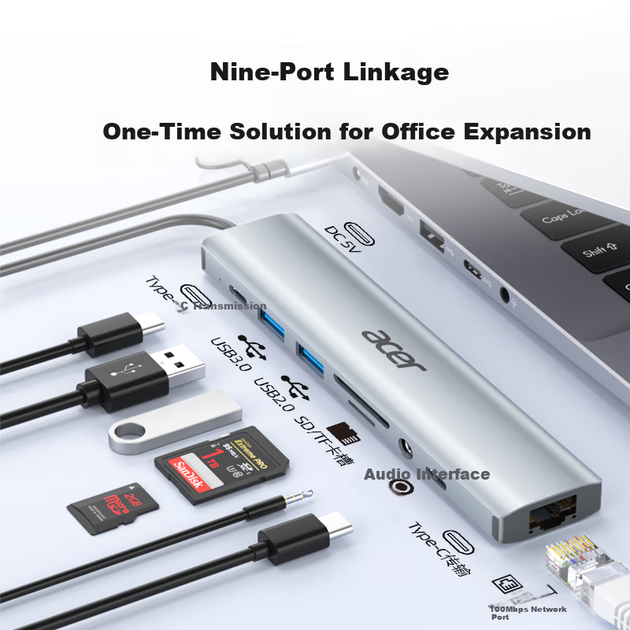 Док-станція Acer Type-C 9-в-1 USB-концентратор з портом Ethernet та зчитувачем карт SD/TF, адаптер-конвертер для ноутбука MacBook Huawei - зображення 4