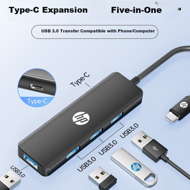 Док-станція HP Type-C - USB-хаб, високошвидкісний розгалужувач 3.0, розширювальний кабель-подовжувач для док-станції Apple, адаптера та USB-кабелю CT210, чорний - зображення 4