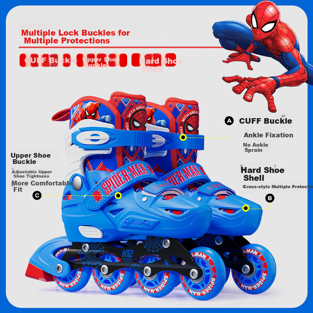 Роликовые коньки детские Disney Spiderman с подсветкой для начинающих - изображение 6