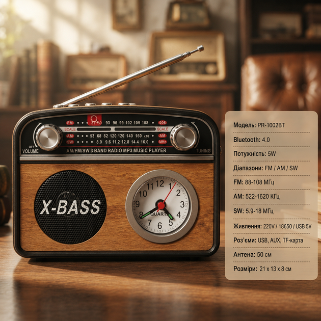 Радіоприймач із годинником і Bluetooth PR-1002BT X-Bass - зображення 4