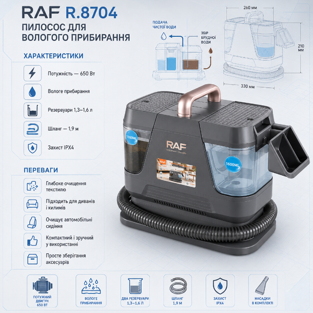 Моющий пылесос RAF R8704 для ковров диванов мебели матрасов и автомобильных сидений 650 Вт портативный с влажной уборкой - изображение 3