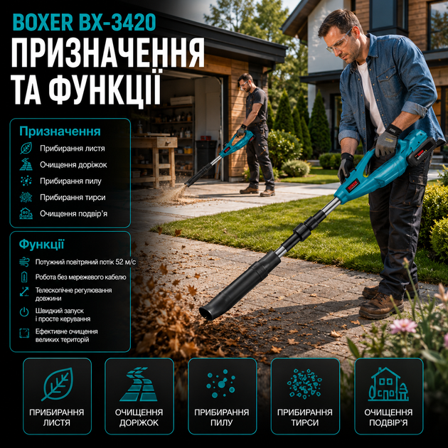 Аккумуляторная воздуходувка Boxer BX3420 2 х 48 В с двумя аккумуляторами 800 Вт 52 м с 240 км ч для уборки листьев пыли и мусора - Фото 4 Аккумуляторная воздуходувка Boxer BX3420 2 х 48 В с двумя аккумуляторами 800 Вт 52 м с 240 км ч для уборки листьев пыли и мусора - изображение 4