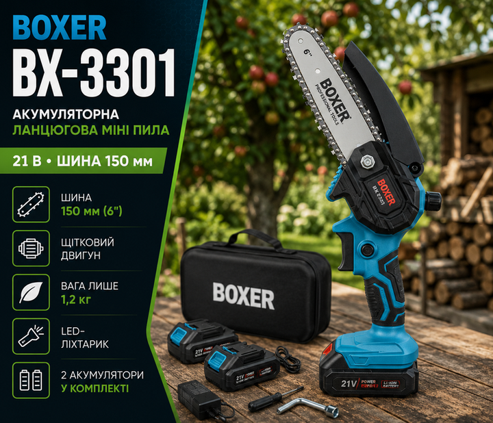 Аккумуляторная цепная пила Boxer BX3301 21 В 2 аккумулятора шина 15 см мини пила для обрезки деревьев веток и дров - Фото 1 Аккумуляторная цепная пила Boxer BX3301 21 В 2 аккумулятора шина 15 см мини пила для обрезки деревьев веток и дров - изображение 1