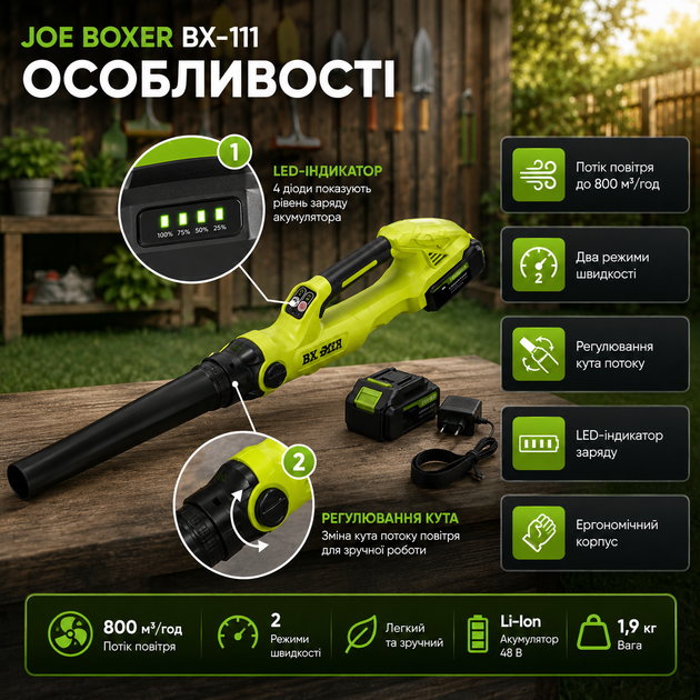 Аккумуляторная воздуходувка Joe Boxer BX111 садовый пылесос воздуходувка 48 В 6 А ч с двумя аккумуляторами 800 м3 час для листьев и мусора - изображение 2