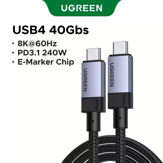 Кабель USB-С to USB-С Ugreen L705 40Gbps PD3.1 240W для быстрой зарядки, 8K 60Hz для монитора, ноутбука, MacBook, iPhone 17 16 15 и Samsung 1m Black (65175) - изображение 10