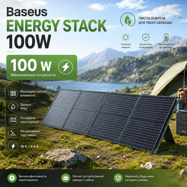 Солнечная панель портативная Baseus Energy Stack 100W 18V 5.5A складная IP66 для зарядной станции - изображение 2