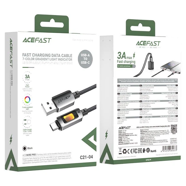 Кабель ACEFAST C21-04 USB-A to USB-C fantasy color series braided Charging data cable Black - Фото 7 Кабель ACEFAST C21-04 USB-A to USB-C fantasy color series braided Charging data cable Black - изображение 7