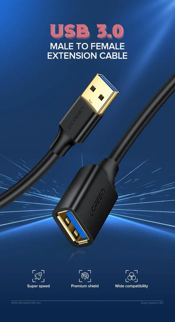 Подовжувач UGREEN US129 USB 3.0 Extension Male Cable 1.5m (Black)(UGR-30126) - Фото 2 Подовжувач UGREEN US129 USB 3.0 Extension Male Cable 1.5m (Black)(UGR-30126) - зображення 2