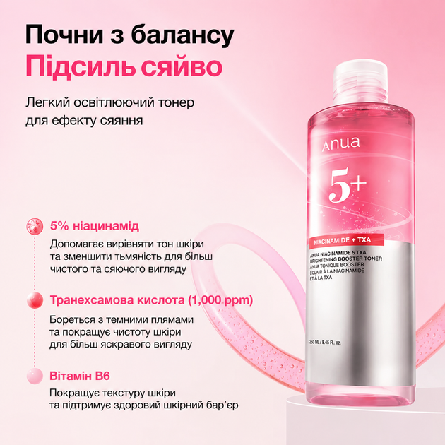 Тонер для ровного тона кожи лица Anua Niacinamide TXA Brightening Booster Toner, 250 мл 8800307372853 - Фото 2 Тонер для ровного тона кожи лица Anua Niacinamide TXA Brightening Booster Toner, 250 мл 8800307372853 - изображение 2