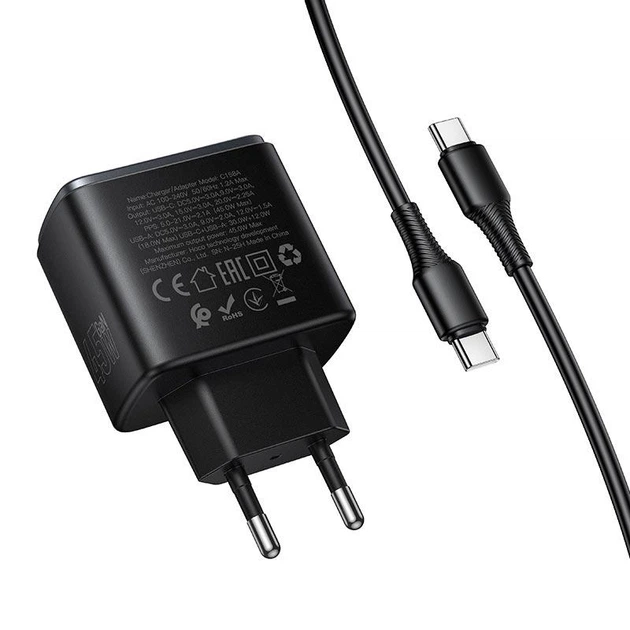 Зарядное устройство HOCO C158A 45W + кабель Type-C Black |1USB/1Type-C, 45W/3A, PD/QC| - изображение 7