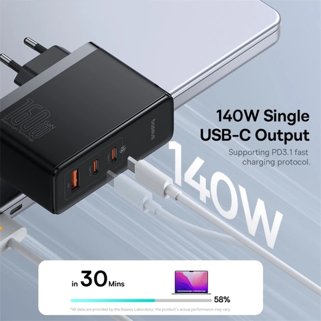 Мережевий зарядний пристрій Baseus GaN5 Pro Digital Fast Charger Type-C cable 160W Black P10110825113-00 - изображение 9