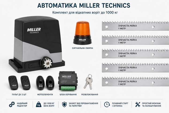 Повний комплект автоматики для відкатних воріт Miller Technics 1000 - Фото 12 Повний комплект автоматики для відкатних воріт Miller Technics 1000 - изображение 12