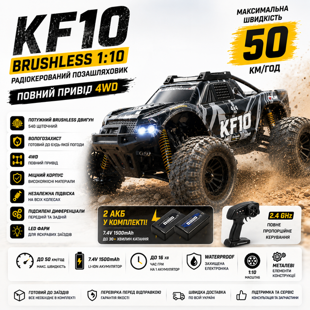 Машинка на пульті керування KFPLAN KF10 1:10 Радіокерована машинка Позашляховик Монстр-трак 4WD Повний привід До 50 км/год LED фари 1 акумулятор + батарейки в пульт - зображення 10