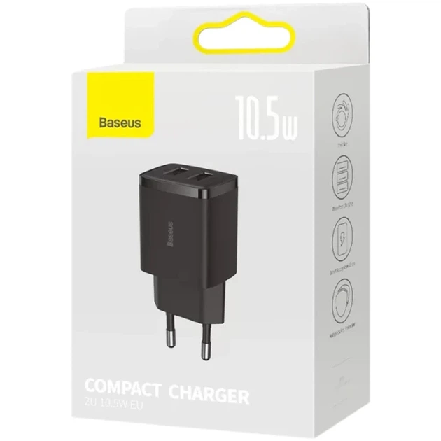 Мережевий зарядний пристрій Baseus Compact Charger 2U 10.5W EU Black - зображення 2