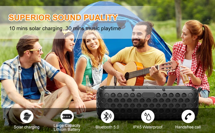 Портативная Bluetooth колонка ABFOCE ES-T60 10W с солнечной зарядкой и фонарем - Фото 6 Портативная Bluetooth колонка ABFOCE ES-T60 10W с солнечной зарядкой и фонарем - изображение 6