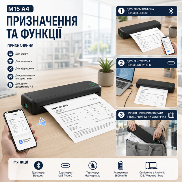 Термопринтер портативный M15 A4 аккумуляторный Bluetooth USB для моментальной печати документов черный - изображение 4