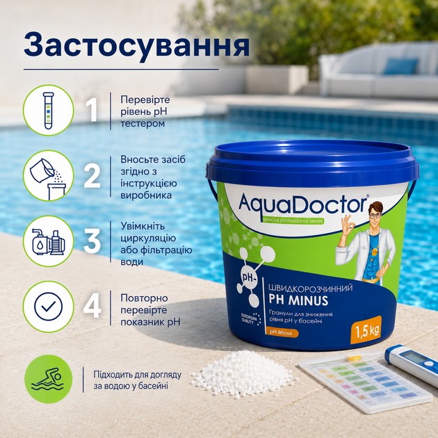 Засіб для зниження рівня рН у басейні AquaDoctor гранульований 1.5 кг - Фото 3 Засіб для зниження рівня рН у басейні AquaDoctor гранульований 1.5 кг - зображення 3