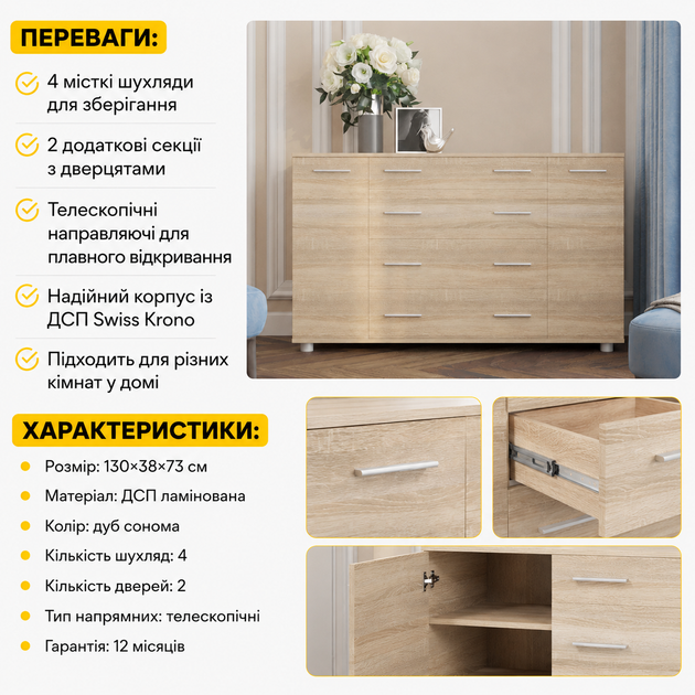 Комод для речей Еверест К-4 130х38х73 дуб сонома (44662) - Фото 4 Комод для речей Еверест К-4 130х38х73 дуб сонома (44662) - зображення 4