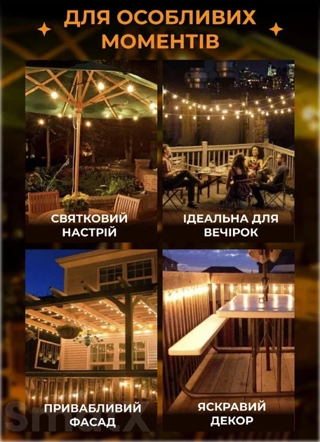 Ретро гирлянда уличная 5 метров 10 ламп GarlandoPro светодиодная гирлянда лампочки на улице в помещении желтое освещение - Фото 4 Ретро гирлянда уличная 5 метров 10 ламп GarlandoPro светодиодная гирлянда лампочки на улице в помещении желтое освещение - изображение 4