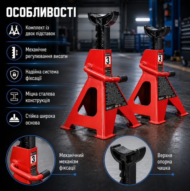 Автомобільні підставки GTM T43001 3 т комплект 2 шт сталеві механічні регульовані для фіксації автомобіля - Фото 3 Автомобільні підставки GTM T43001 3 т комплект 2 шт сталеві механічні регульовані для фіксації автомобіля - зображення 3