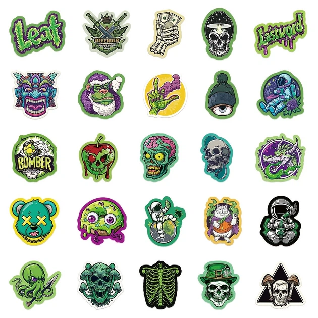 Набор виниловых наклеек Токсичная Зелень / Weed & Horror Art — 50 шт Стикеры с черепами, пришельцами и космосом для ноутбука - Фото 8 Набор виниловых наклеек Токсичная Зелень / Weed & Horror Art — 50 шт Стикеры с черепами, пришельцами и космосом для ноутбука - изображение 8