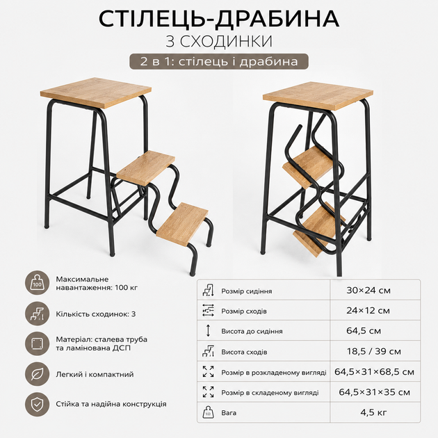 Стілець-драбина металевий 3 сходинки складаний до 100 кг Чорний/Дуб античний (2110171) - Фото 3 Стілець-драбина металевий 3 сходинки складаний до 100 кг Чорний/Дуб античний (2110171) - зображення 3