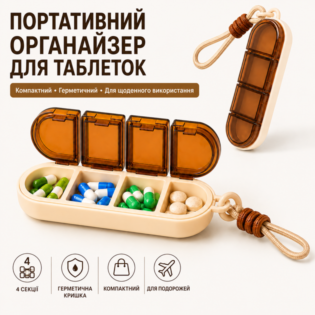 Таблетница на 4 отделения с силиконовым уплотнителем и шнурком — Портативный герметичный органайзер для таблеток, витаминов и БАДов (Бежевый / Коричневый) - Фото 1 Таблетница на 4 отделения с силиконовым уплотнителем и шнурком — Портативный герметичный органайзер для таблеток, витаминов и БАДов (Бежевый / Коричневый) - изображение 1