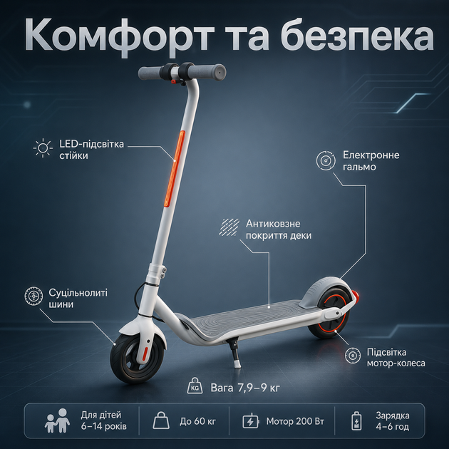 Дитячий електросамокат YAR SPORT PRO-1 для дітей від 6 років c LED підсвічуванням 4 AH сірий - Фото 3 Дитячий електросамокат YAR SPORT PRO-1 для дітей від 6 років c LED підсвічуванням 4 AH сірий - зображення 3