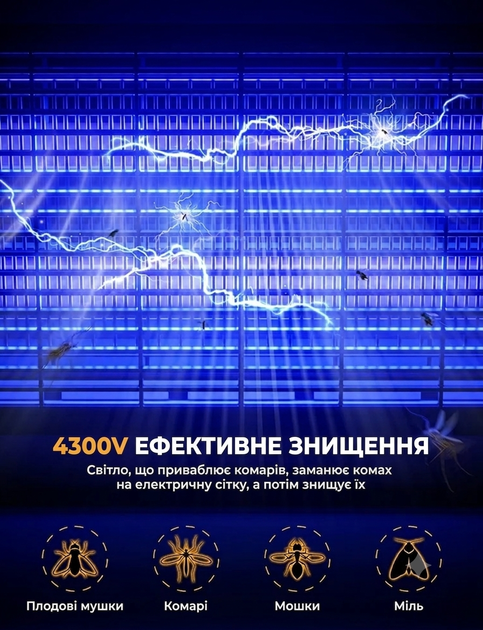 Электрическая ловушка для насекомых YISSVIC Fly Zapper 20 Вт, УФ-лампы 365 нм, высоковольтная сетка 4300 В, съемный поддон, 2 запасные лампы, белая - изображение 2