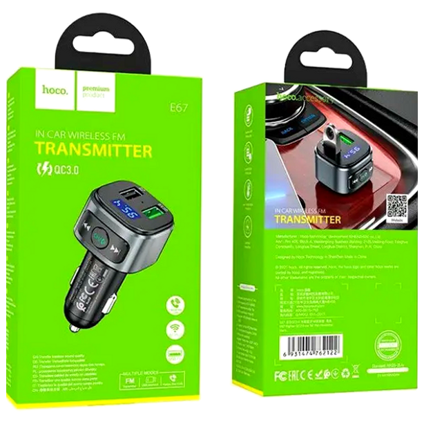 FM трансмиттер Hoco E67 Fighter Bluetooth для автомобиля с быстрой зарядкой QC3.0 и двумя USB портами - изображение 6