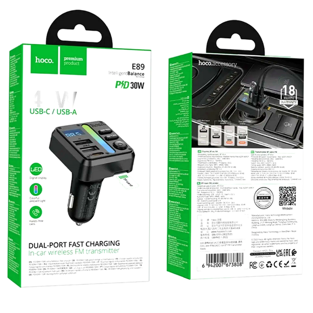 FM-трансмітер Hoco E89 Libre 45 W Bluetooth адаптер для автомобіля з заряджанням USB Type-A і Type-C - зображення 2