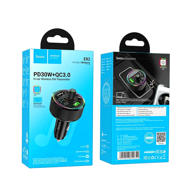 FM-трансмиттер Hoco E82 Guerrero Bluetooth для автомобиля с быстрой зарядкой 30 Вт USB Type-C и 2 USB Type-A - изображение 2