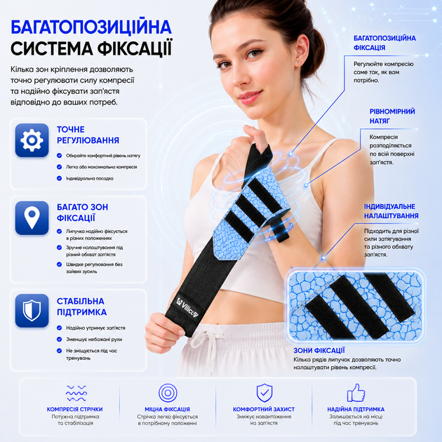 Кистевые бинты Vilico 167 для силовых тренировок, пауэрлифтинга и бодибилдинга, на запястье, голубые - изображение 4