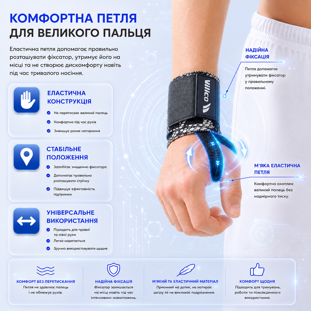 Бинти на зап'ястя Vilico AB167 кистьові, для пауерліфтингу, бодибілдингу та силових тренувань, сині - зображення 5