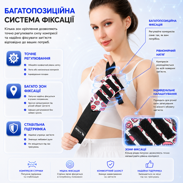 Кистевые бинты Vilico 167 для силовых тренировок, пауэрлифтинга и бодибилдинга, на запястье, красные Big Lips - изображение 4