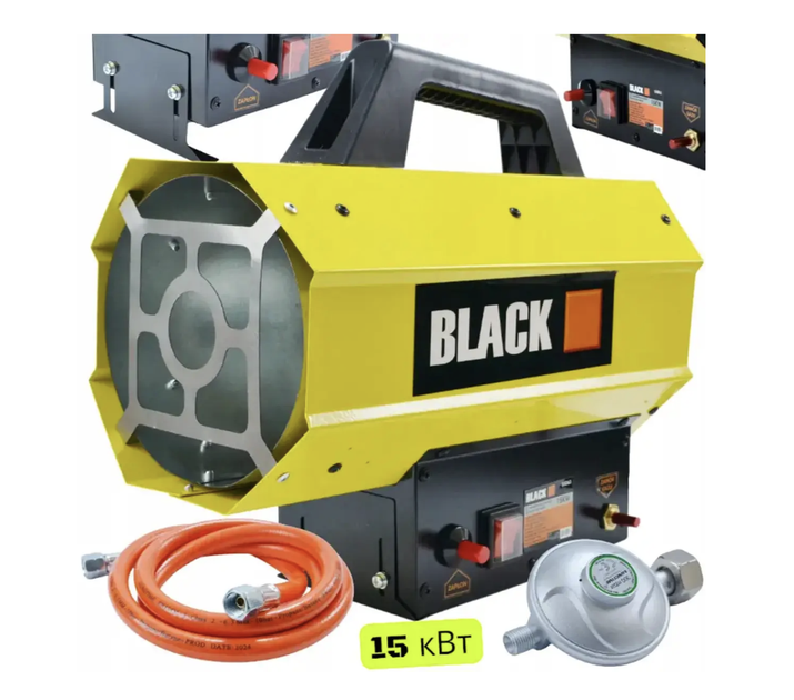 Газовая тепловая пушка BLACK 30 кВт на пропан-бутане, для обогрева складов, мастерских, ангаров, строительных объектов, теплиц, гаражей, с редуктором, шлангом, металлическим корпусом и высокой производительностью - изображение 6