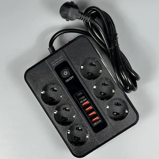 Подовжувач мережевий 1,75 м на 6 розеток + 4 USB + 2 Type-C, 3000W Power Socket F54-2PD Чорний - Фото 4 Подовжувач мережевий 1,75 м на 6 розеток + 4 USB + 2 Type-C, 3000W Power Socket F54-2PD Чорний - зображення 4